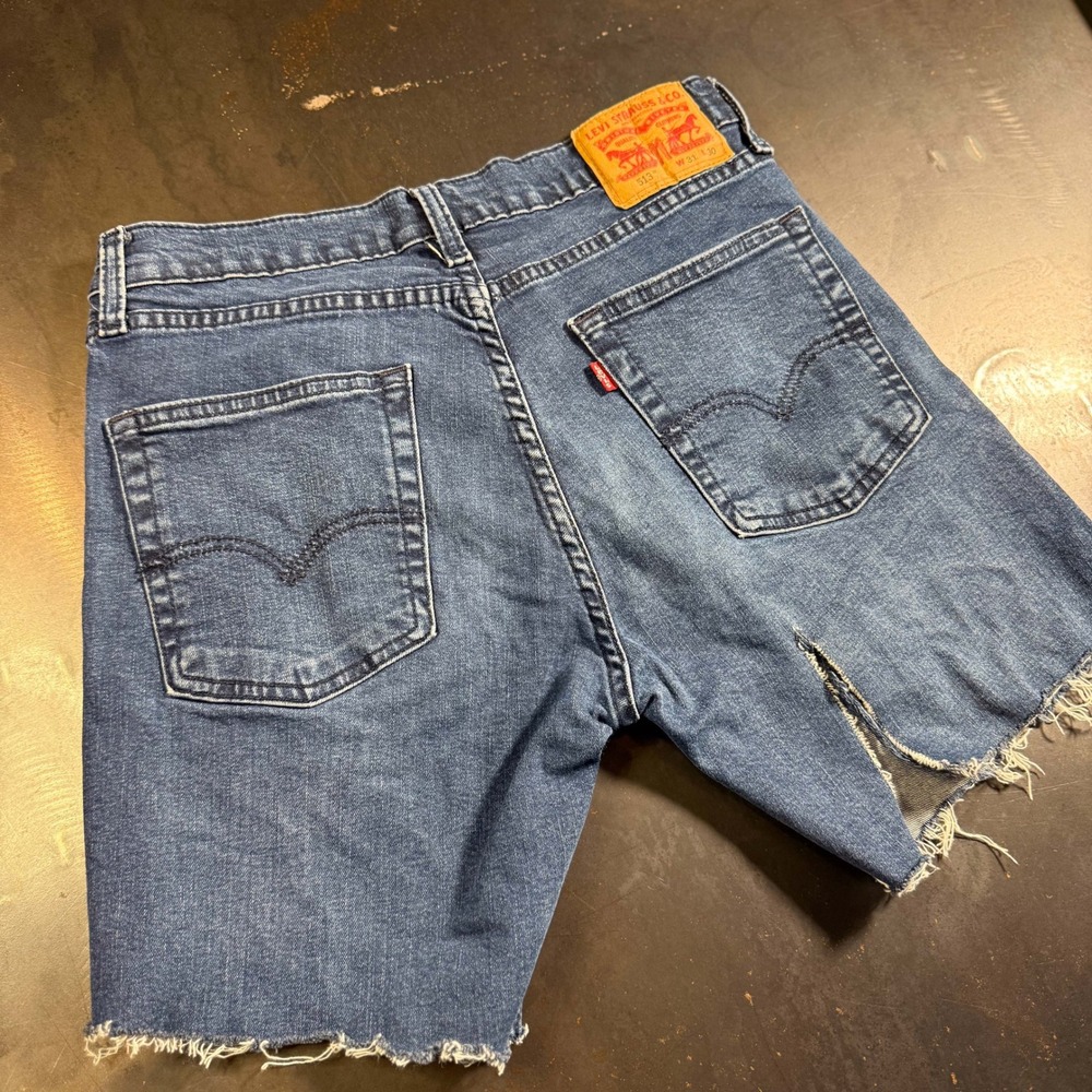 Levis 513 Slim Straight Cut Off Denim Shorts‎ Blue Distressed Mens 31
